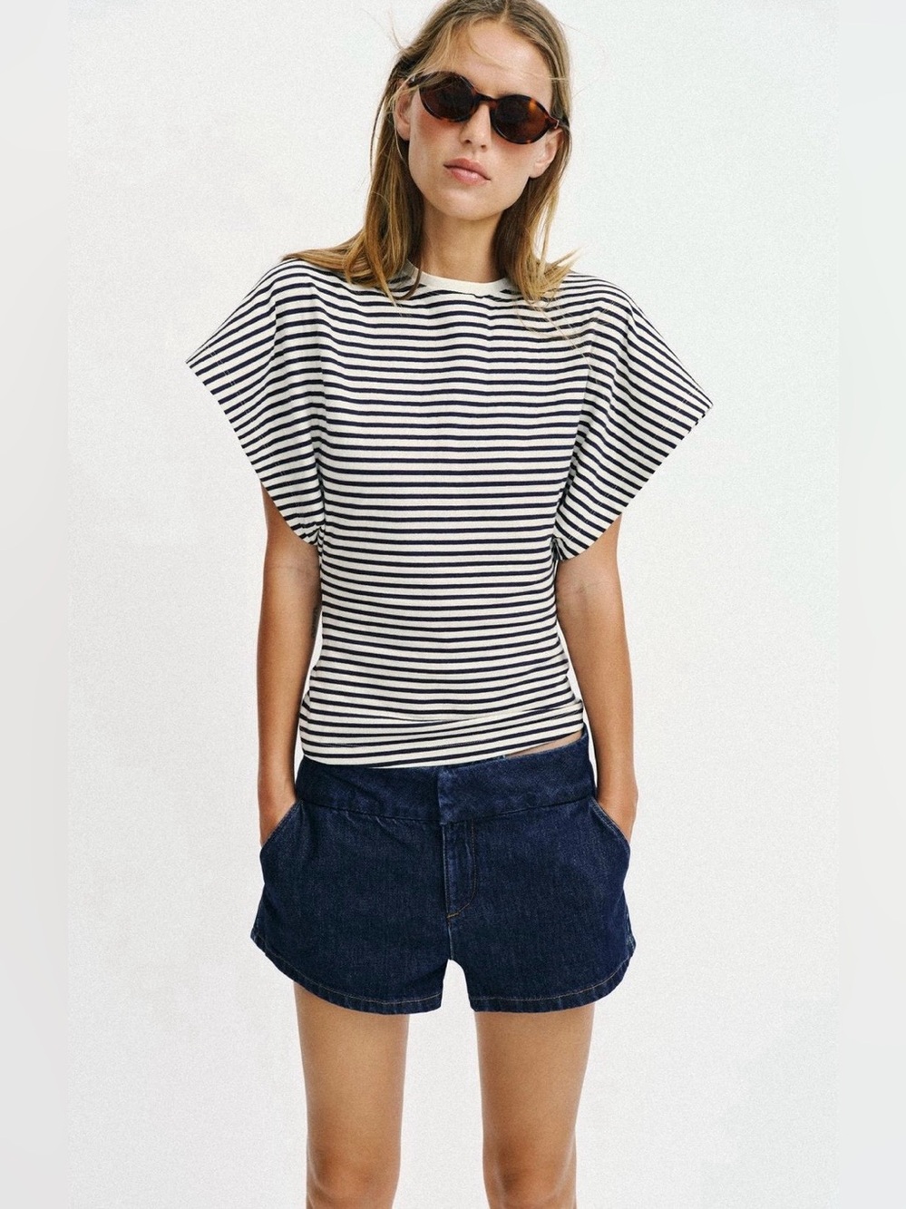 ZARA Striped Dolman Sleeve Fitted Waist Top